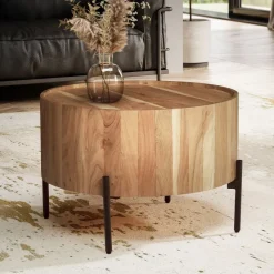 FineBuy Couchtisch Akazie Massivholz rund 60 cm · Wohnzimmertisch in Trommelform