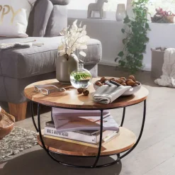 FineBuy Couchtisch Akazie Massivholz rund 60cm Wohnzimmertisch Ablage Industrial
