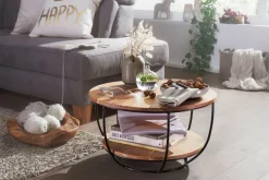 FineBuy Couchtisch Akazie Massivholz rund 60cm Wohnzimmertisch Ablage Industrial