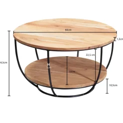 FineBuy Couchtisch Akazie Massivholz rund 60cm Wohnzimmertisch Ablage Industrial