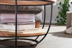 FineBuy Couchtisch Akazie Massivholz rund 60cm Wohnzimmertisch Ablage Industrial