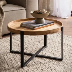 FineBuy Couchtisch Akazie Massivholz rund 60cm Wohnzimmertisch Kreuzgestell