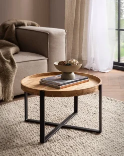 FineBuy Couchtisch Akazie Massivholz rund 60cm Wohnzimmertisch Kreuzgestell