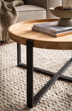 FineBuy Couchtisch Akazie Massivholz rund 60cm Wohnzimmertisch Kreuzgestell