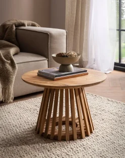 FineBuy Couchtisch Akazie Massivholz rund 60 cm Wohnzimmertisch Lamellenfuß