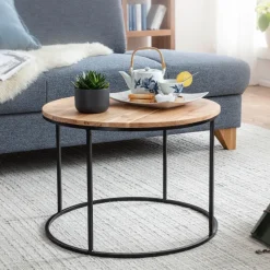 FineBuy Couchtisch Akazie Massivholz rund 60cm Wohnzimmertisch Handgefertigt