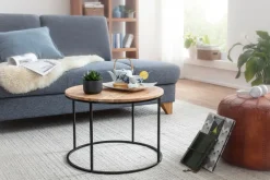 FineBuy Couchtisch Akazie Massivholz rund 60cm Wohnzimmertisch Handgefertigt
