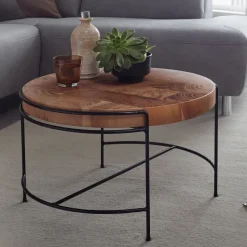 FineBuy Couchtisch Akazie Massivholz rund 62 cm Wohnzimmertisch Baumscheibe