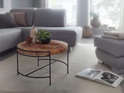 FineBuy Couchtisch Akazie Massivholz rund 62 cm Wohnzimmertisch Baumscheibe