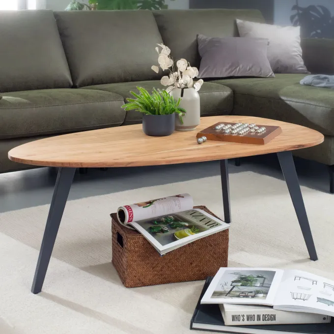 FineBuy Couchtisch Akazie Massivholz oval 110 cm · Wohnzimmertisch in Nierenform