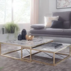 FineBuy Couchtisch 2er Set Marmor Optik Satztisch Modern Metallgestell Sofatisch