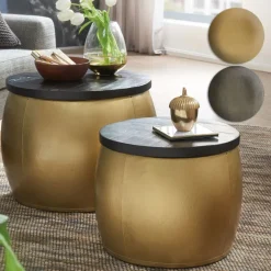 FineBuy Couchtisch 2er Set Metall Holz Wohnzimmertisch Stauraum Satztisch Tisch