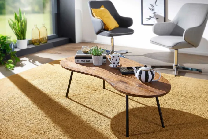 FineBuy Couchtisch FB50927 122x36x63cm Sheesham Nierentisch Tischbeine Metall