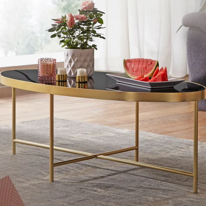 FineBuy Couchtisch Glas Schwarz Wohnzimmertisch Oval 110 x 56 Glastisch Gold