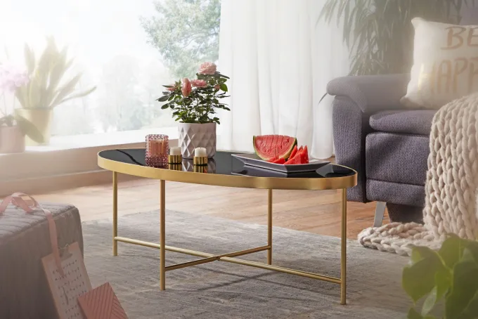 FineBuy Couchtisch Glas Schwarz Wohnzimmertisch Oval 110 x 56 Glastisch Gold