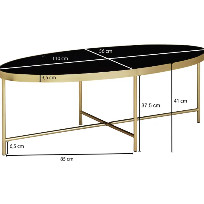 FineBuy Couchtisch Glas Schwarz Wohnzimmertisch Oval 110 x 56 Glastisch Gold