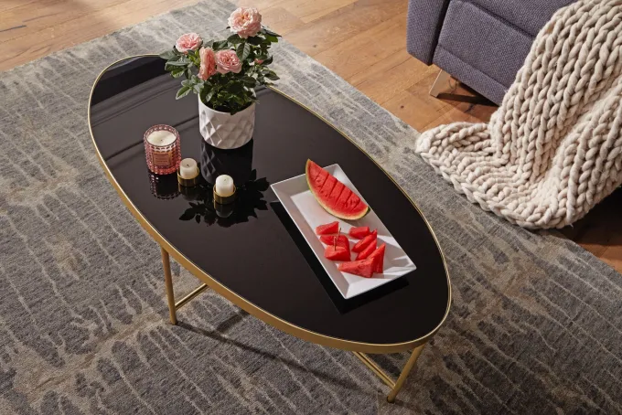 FineBuy Couchtisch Glas Schwarz Wohnzimmertisch Oval 110 x 56 Glastisch Gold