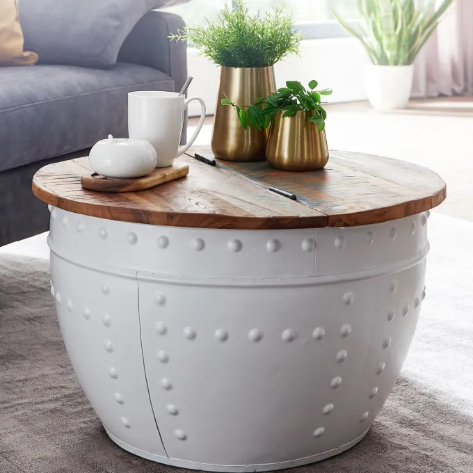 FineBuy Couchtisch Mango Massivholz Ø60cm Wohnzimmertisch Sofatisch Stauraum