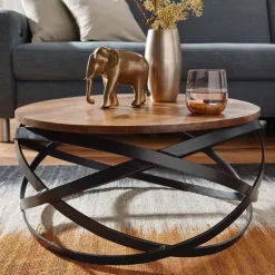FineBuy Couchtisch MANUR Sheesham Massivholz rund Ø 60 cm Wohnzimmertisch Metall