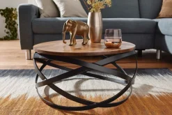 FineBuy Couchtisch MANUR Sheesham Massivholz rund Ø 60 cm Wohnzimmertisch Metall
