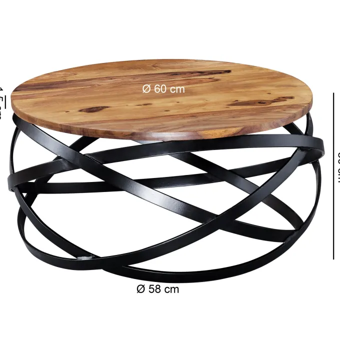FineBuy Couchtisch MANUR Sheesham Massivholz rund Ø 60 cm Wohnzimmertisch Metall