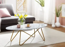 FineBuy Couchtisch Marmor Optik Weiß 120 cm Wohnzimmertisch Oval Tisch Sofatisch
