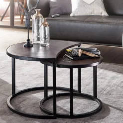 FineBuy Couchtisch Massivholz Wohnzimmertisch 2 teilig Rund Beistelltisch Set