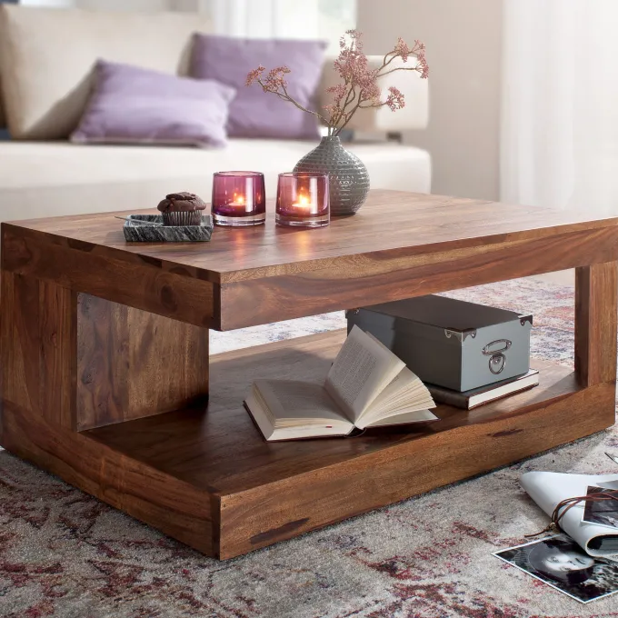 FineBuy Couchtisch Massivholz 90 cm Wohnzimmertisch braun Landhaus Beistelltisch