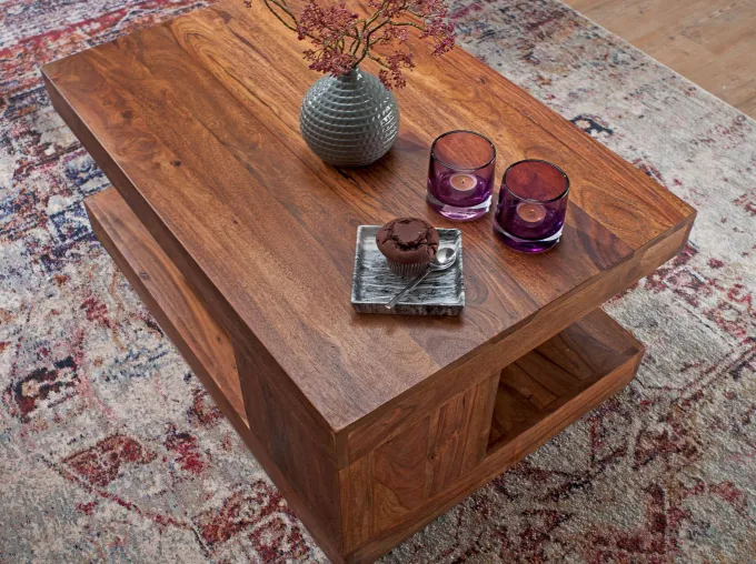 FineBuy Couchtisch Massivholz 90 cm Wohnzimmertisch braun Landhaus Beistelltisch