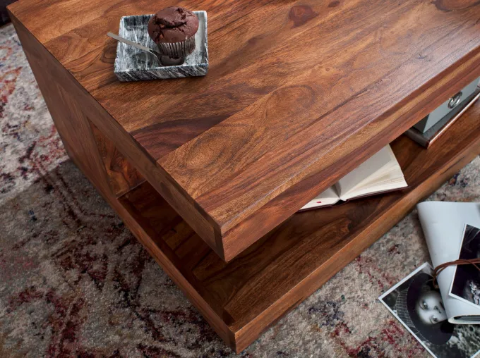 FineBuy Couchtisch Massivholz 90 cm Wohnzimmertisch braun Landhaus Beistelltisch