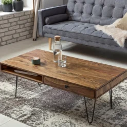 FineBuy Couchtisch Massivholz 110cm Wohnzimmertisch eckig Schublade & Ablage