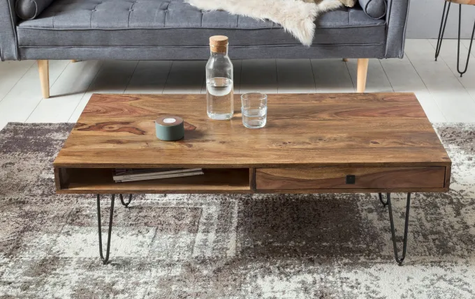 FineBuy Couchtisch Massivholz 110cm Wohnzimmertisch eckig Schublade & Ablage