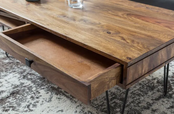 FineBuy Couchtisch Massivholz 110cm Wohnzimmertisch eckig Schublade & Ablage