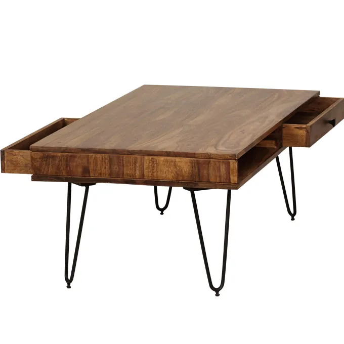 FineBuy Couchtisch Massivholz 110cm Wohnzimmertisch eckig Schublade & Ablage