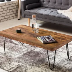 FineBuy Couchtisch Massivholz 115 cm Hairpin Beinen Wohnzimmertisch Industrial