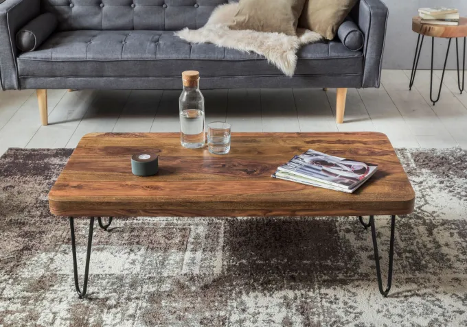 FineBuy Couchtisch Massivholz 115 cm Hairpin Beinen Wohnzimmertisch Industrial