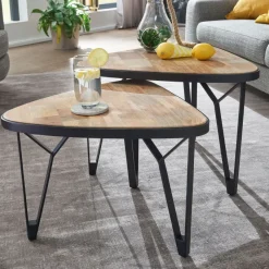 FineBuy Couchtisch Massivholz Metall Wohnzimmertisch 2er Set Satztisch Tisch