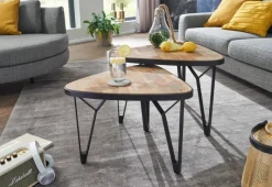 FineBuy Couchtisch Massivholz Metall Wohnzimmertisch 2er Set Satztisch Tisch