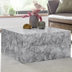 FineBuy Couchtisch MONOBLOC Weiß Marmor Optik 60 cm Wohnzimmertisch Sofatisch