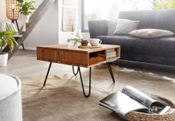 FineBuy Couchtisch quadratisch 60cm Akazie Massivholz Wohnzimmertisch mit Ablage