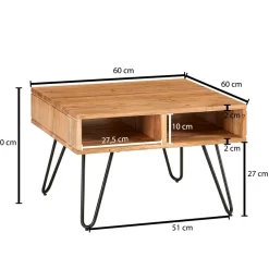 FineBuy Couchtisch quadratisch 60cm Akazie Massivholz Wohnzimmertisch mit Ablage