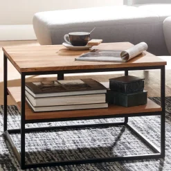 FineBuy Couchtisch quadratisch 60cm Akazie Massivholz Wohnzimmertisch 2 Ablagen