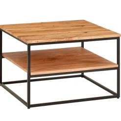 FineBuy Couchtisch quadratisch 60cm Akazie Massivholz Wohnzimmertisch 2 Ablagen