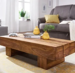 FineBuy Couchtisch rechteckig Massivholz 120 cm Block Design Wohnzimmertisch