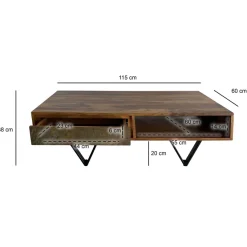 FineBuy Couchtisch rechteckig 115cm Sheesham Massivholz Wohnzimmertisch 2 Schübe