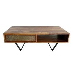 FineBuy Couchtisch rechteckig 115cm Sheesham Massivholz Wohnzimmertisch 2 Schübe
