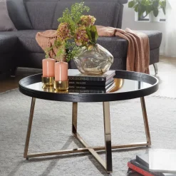 FineBuy Couchtisch Rund Gold Wohnzimmertisch Spiegel Glas Beistelltisch Schwarz
