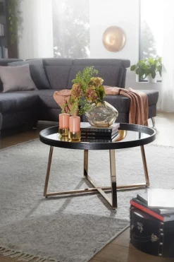 FineBuy Couchtisch Rund Gold Wohnzimmertisch Spiegel Glas Beistelltisch Schwarz