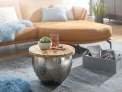 FineBuy Couchtisch Rund Holz Metall Sofatisch Ø 60 cm Tisch Industrial Stauraum