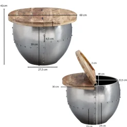 FineBuy Couchtisch Rund Holz Metall Sofatisch Ø 60 cm Tisch Industrial Stauraum
